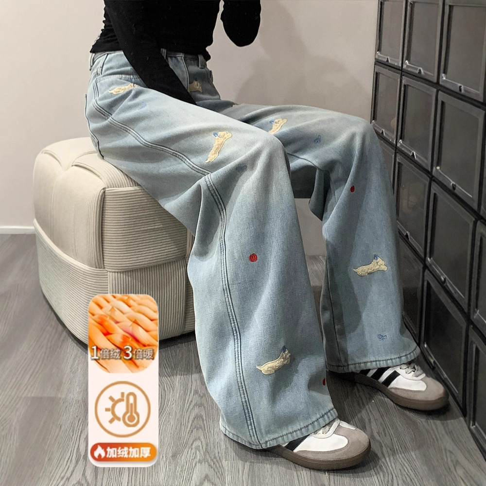 加绒裤子女阔腿牛仔裤卡通立体刺绣趣味腊肠狗休闲宽松慵懒风女裤
