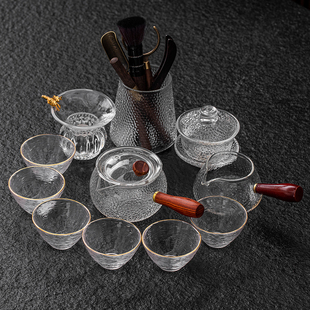 高档玻璃功夫茶具套装家用简约现代 日式锤纹泡茶壶透明茶杯整套
