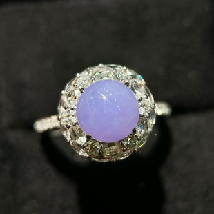 纯天然翡翠紫翡蛋面18K金镶嵌钻戒指日常通勤款 新款 缅甸正品