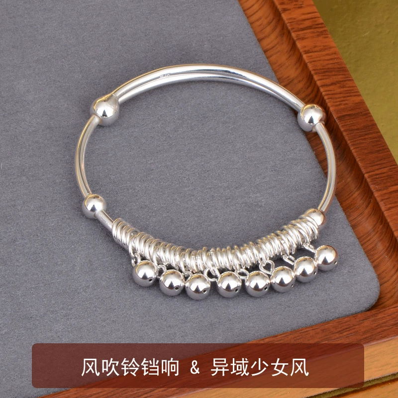 足银纯银八面玲珑铃铛推拉手镯时尚百搭实心精致个性送女友礼物