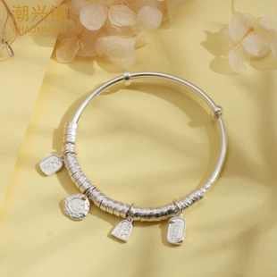 纯银9999足银吉言盘缠手镯推拉式锤纹银镯女古法手饰本命年轻奢银