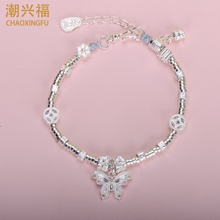 纯银9999足银蝴蝶铃兰花千万里盘缠手链古法錾刻蝴蝶铃兰花银饰