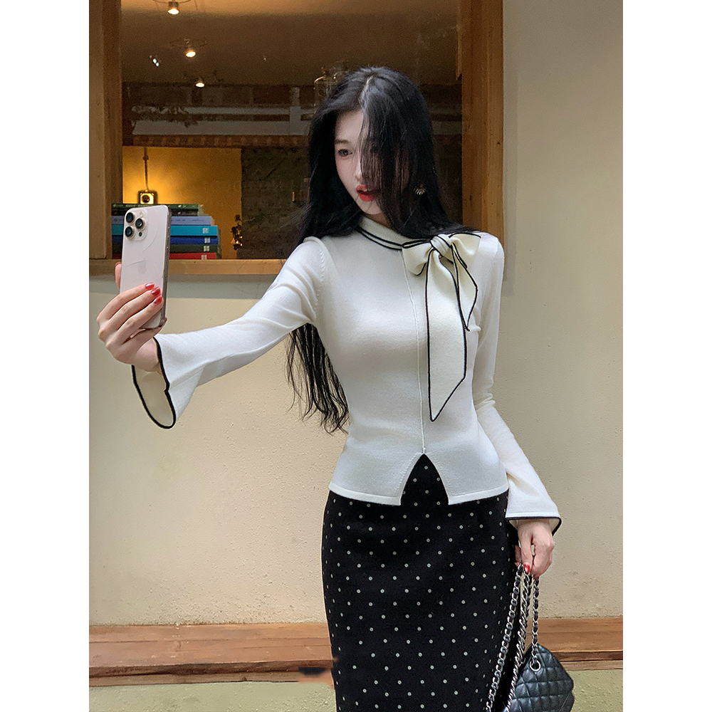 法式蝴蝶结系带针织衫女2025新款春秋韩版长袖圆领打底衫气质上衣