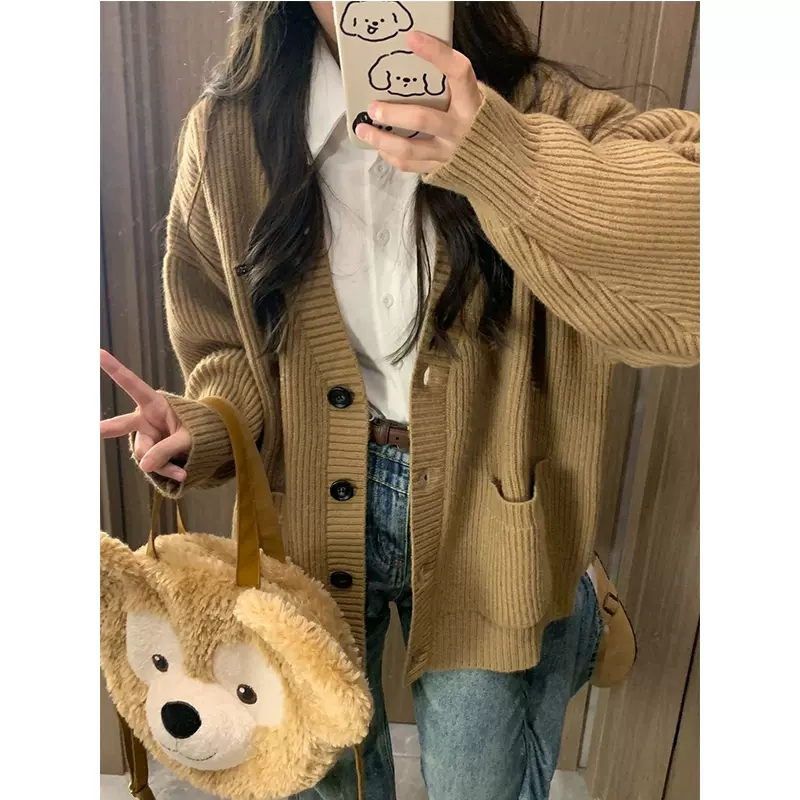 韩版粗线针织毛衣外套女早秋季2023新款宽松显瘦慵懒风开衫上衣潮