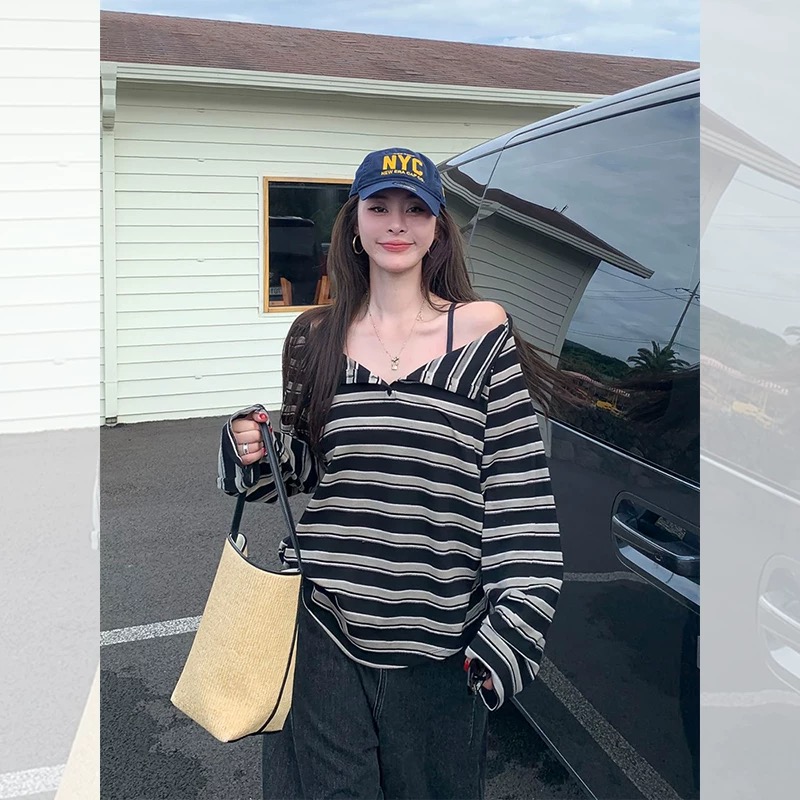 慵懒风撞色条纹V领长袖t恤女2025新款早秋季宽松显瘦罩衫百搭上衣