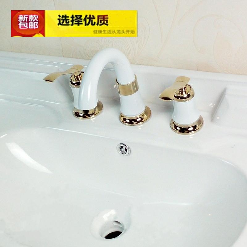 欧式三孔水龙头浴室柜入墙式面盆枪色四件套冷热四孔龙头白色开关