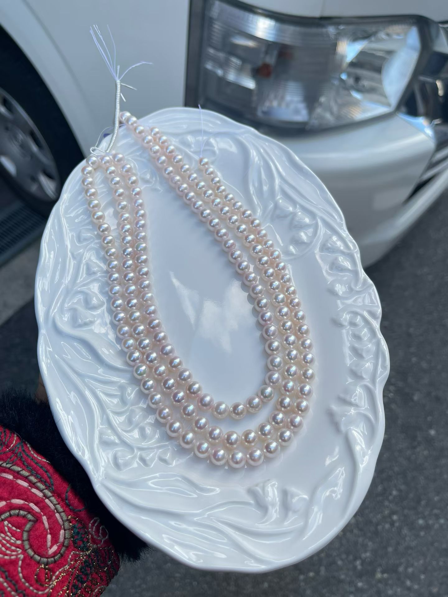 天然海水Akoya珍珠项链7.5-8mm  白透樱花粉 镜面光小灯泡