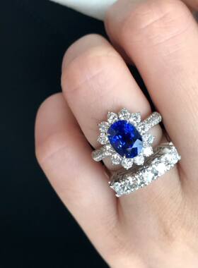 3.4克拉蓝宝石戒指戴妃款1克拉天然钻皇家蓝火彩好晶体通透 证书