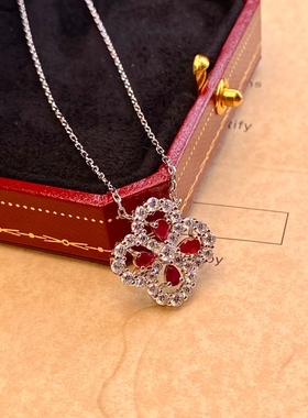 天然红宝石四叶草吊坠项链 纯银镶嵌 CGRL证书 红宝石颜色鲜艳