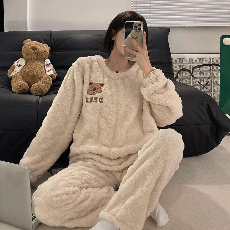 小熊睡衣女秋冬款珊瑚绒加绒保暖