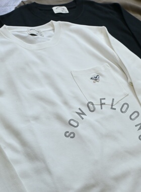 SONOFLOONG休闲百搭纯色口袋长袖T恤复古仙鹤绣花长绒棉打底tee潮