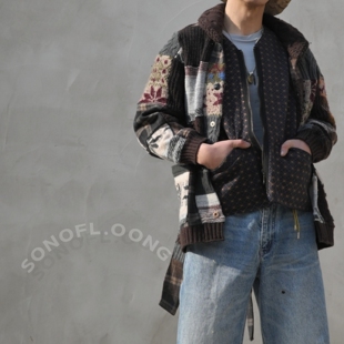SONOFL复古青果领美式 外套潮牌保暖 羊毛手工拼接毛衣RRL咔叽开衫