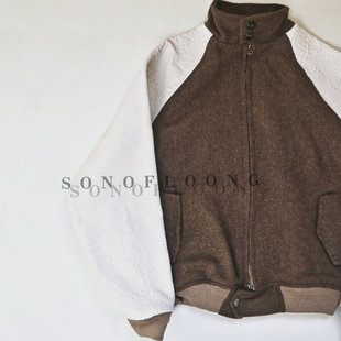 SONOFLOONG复古粗花呢哈灵顿夹克全羊毛真皮袖 外套G9老钱风秋冬潮