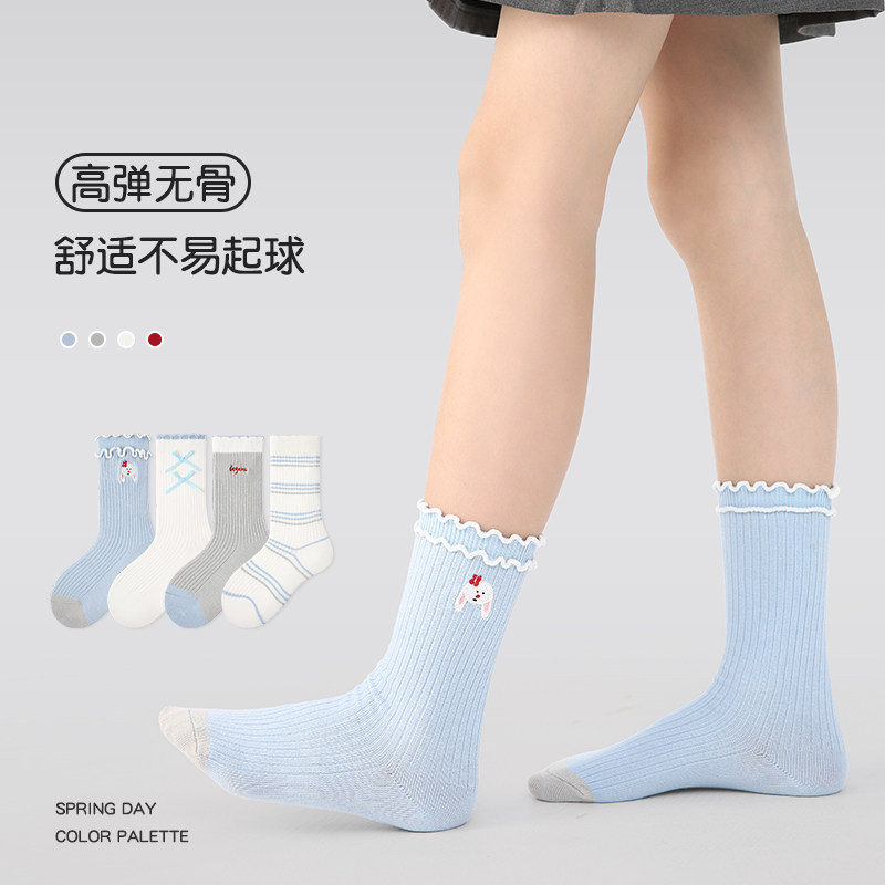 儿童袜子春夏薄款女童双针中筒袜长绒棉女孩无骨花边公主袜中大童