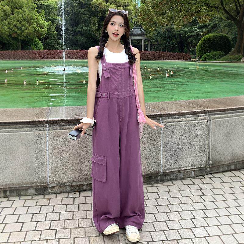 紫色高级感俏皮休闲工装牛仔背带裤女夏季新款美式设计感连体裤子,女装连体裤,浙宝253A