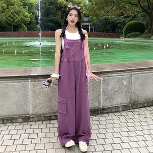 紫色高级感俏皮休闲工装牛仔背带裤女夏季新款美式设计感连体裤子图片