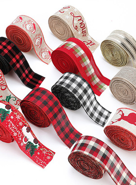 圣诞织带麻布丝带圣诞节气氛彩带装饰用品雪花蝴蝶结红色金边麻带