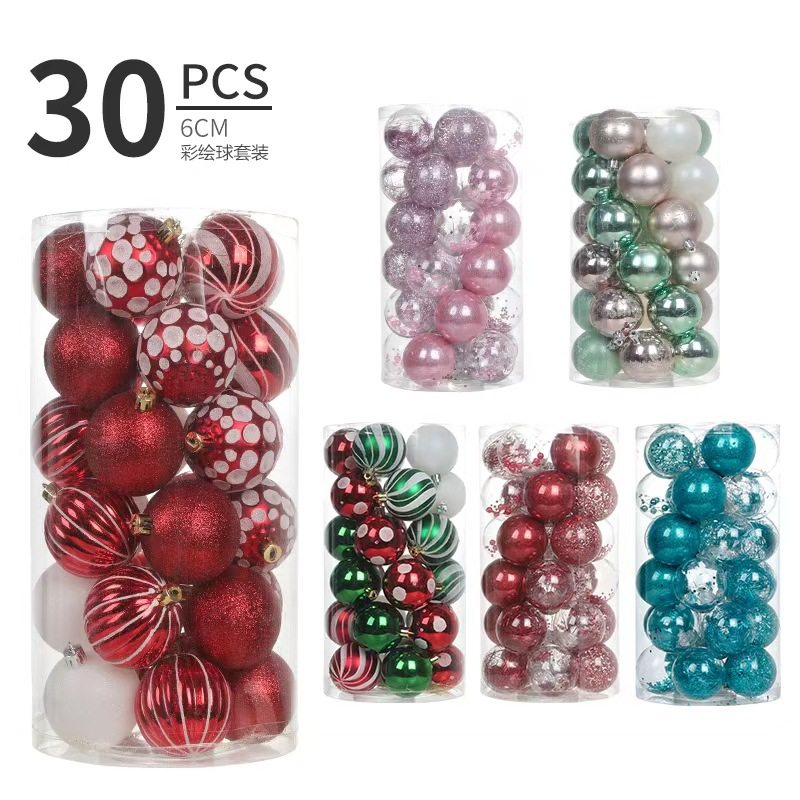 套装6cm圣诞球PE彩绘球圣诞树挂件吊球30个桶装圣诞节装饰球