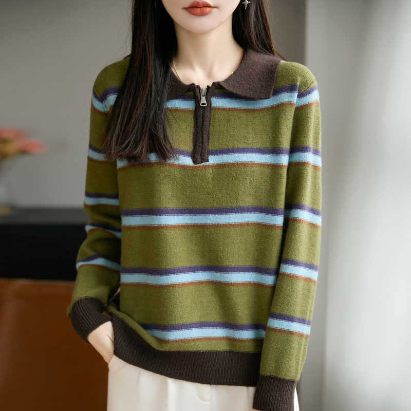 复古撞色条纹半拉链翻领针织衫女百搭气质保暖打底POLO领毛衣女装,女装/女士精品,毛针织衫,淘宝优惠券,粉丝福利购,淘宝优惠卷
