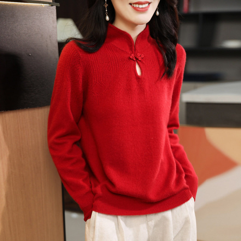 100纯羊毛衫女中式盘扣针织半高领加厚毛衣本命年红色套头打底衫,女装/女士精品,毛衣,淘宝优惠券,粉丝福利购,淘宝优惠卷