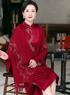 红色高端配旗袍披肩2026新款春秋季婚宴喜婆婆礼服外套喜妈妈外搭
