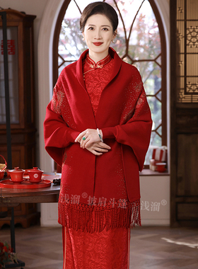配旗袍披肩红色妈妈礼服外套高端