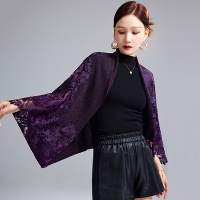 秋冬紫色旗袍的高端外搭针织开衫披肩喜婆婆妈妈婚宴礼服刺绣斗篷