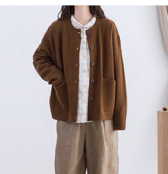 自然系全身复古花型大口袋宽松开襟秋季全羊毛毛衣女