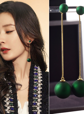 新款925纯银珍珠耳钉女长款气质绿色高级感耳坠简约耳环网红耳饰