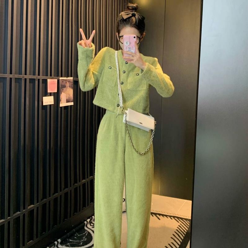 秋冬装盐系名媛套装女高级感小香风绿色外套阔腿裤两件套潮小个子