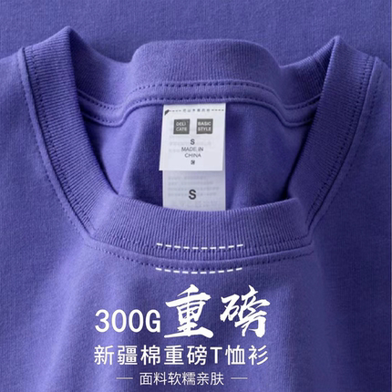 长春花蓝300g重磅纯棉短袖t恤夏季圆领宽松百搭打底衫男女基础款
