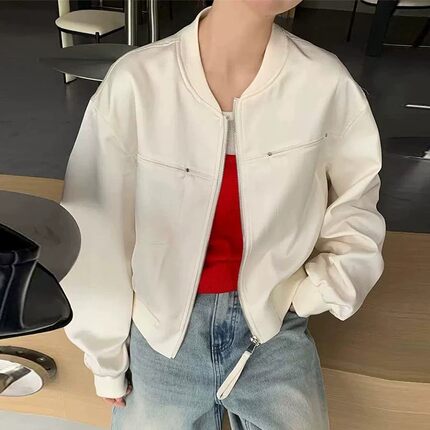 白色立领短款棒球服外套女2026春夏宽松显瘦小个子休闲夹克上衣潮