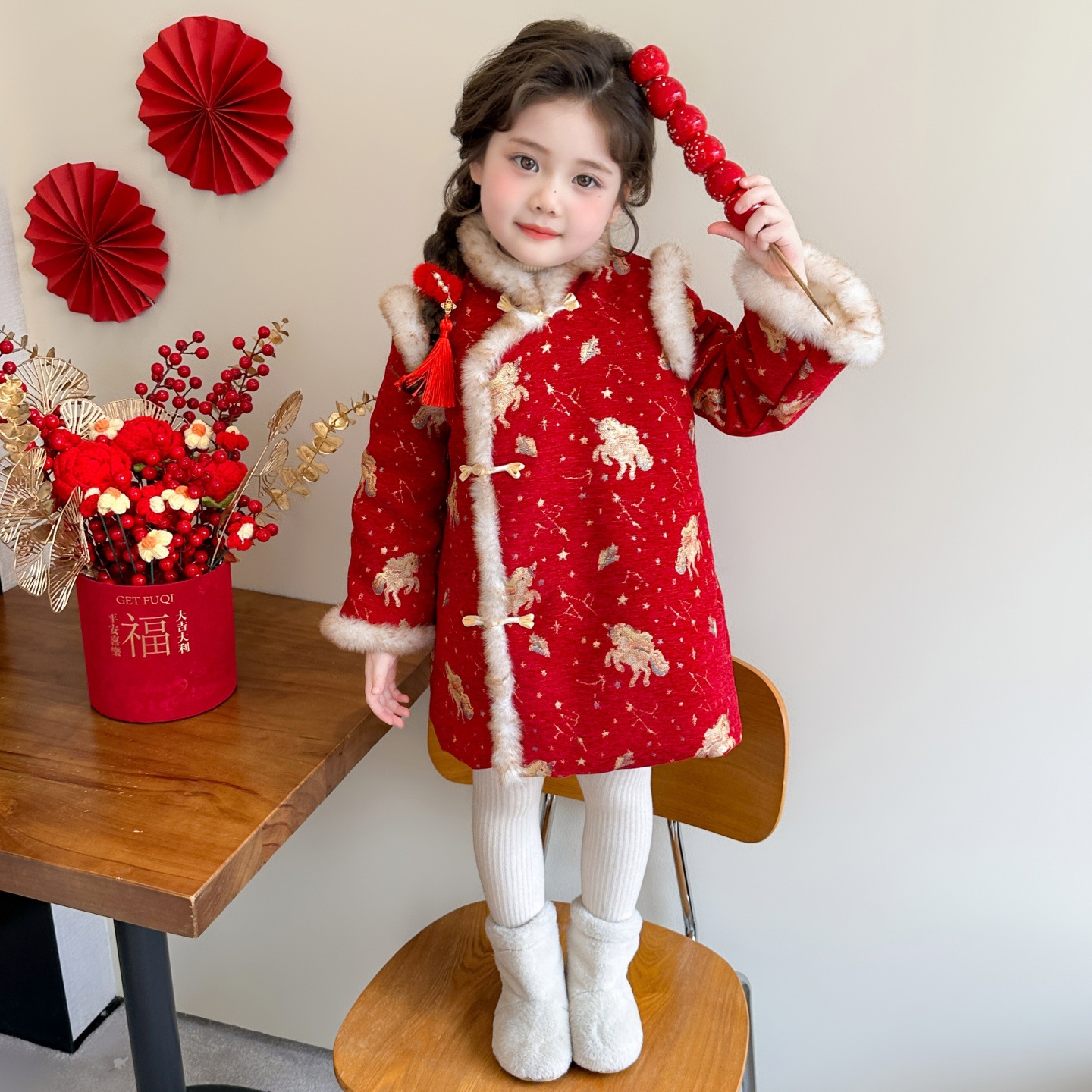 女小童新中式拜年服冬季女宝宝中国风加绒加厚冬装儿童旗袍连衣裙