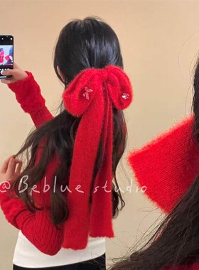 新年红色针织毛线蝴蝶结发夹