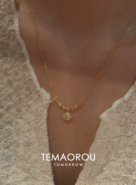 黄色爆闪满钻小方糖吊坠项链女