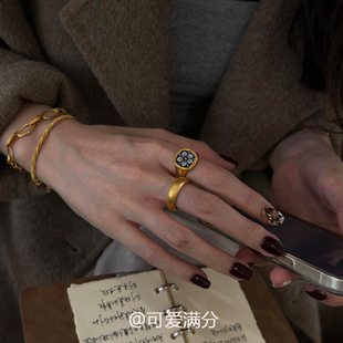 S925纯银贝雕栀子花金块叠戴戒指女轻奢小众高级感素圈食指戒指环