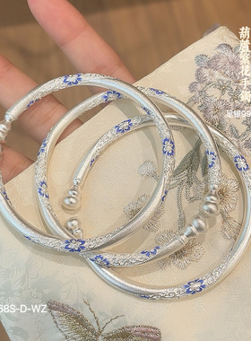 足银9999珐琅繁花手镯新中式小众古法葫芦纯银镯子520礼物