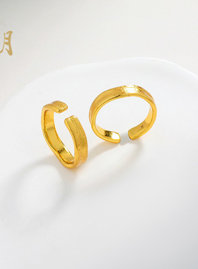 沙金韩版简约个性宽面拉丝开口活口指环波浪纹丝绸高级质感戒指女