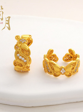 久不掉色沙金镶嵌钻石蝴蝶花纹戒指点钻蝴蝶花漾开口戒中式送女友