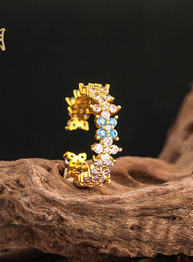 沙金满钻蝴蝶四叶花戒指多巴胺复古轻奢高级感彩色镶钻指环女饰品