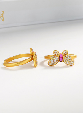 沙金满钻蝴蝶戒指玲珑花蝶食指戒轻奢开口可调节指环个性百搭戒