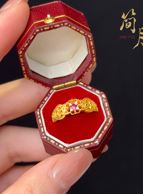 久不掉色沙金繁花镶钻戒指如意祥云花纹紫荆花个性活口对戒女指环