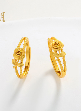 沙金玫瑰花戒指女ins风 个性设计镂空山茶花开口食指戒网红指环女