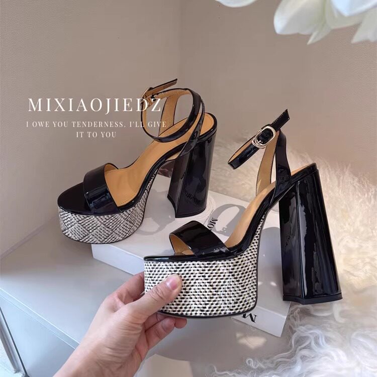 2025新款粗高跟防水台真皮拼色女鞋配裙子厚底小个子百搭舒适凉鞋