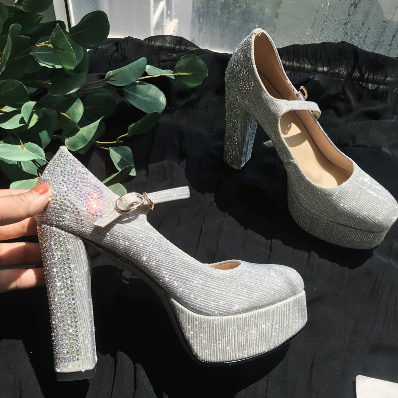 粗高跟方头一字超闪水钻亮片婚鞋