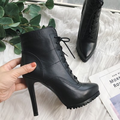 秋冬粗高跟尖头短靴牛皮牛皮