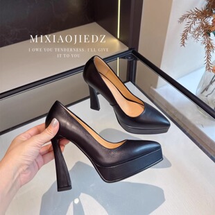 子女2025新款 真皮不累脚浅口工作单鞋 爆款 子防水台高跟鞋 早秋鞋 鞋