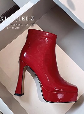 2024年冬季新款头层牛漆皮粗高跟防水台方头短靴时装单靴12cm