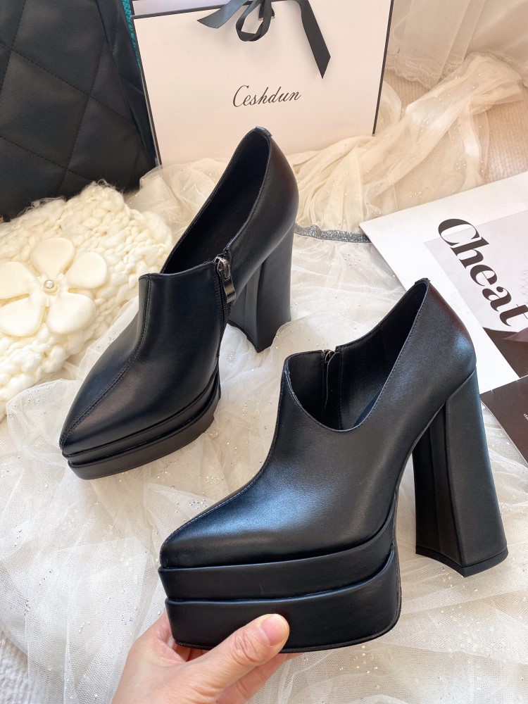 高跟深口单鞋尖头防水台粗跟纯色