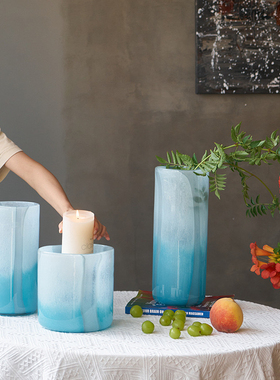 现代简约直筒渐变竖条纹梦幻蓝色玻璃花瓶北欧台面鲜花餐桌装饰品
